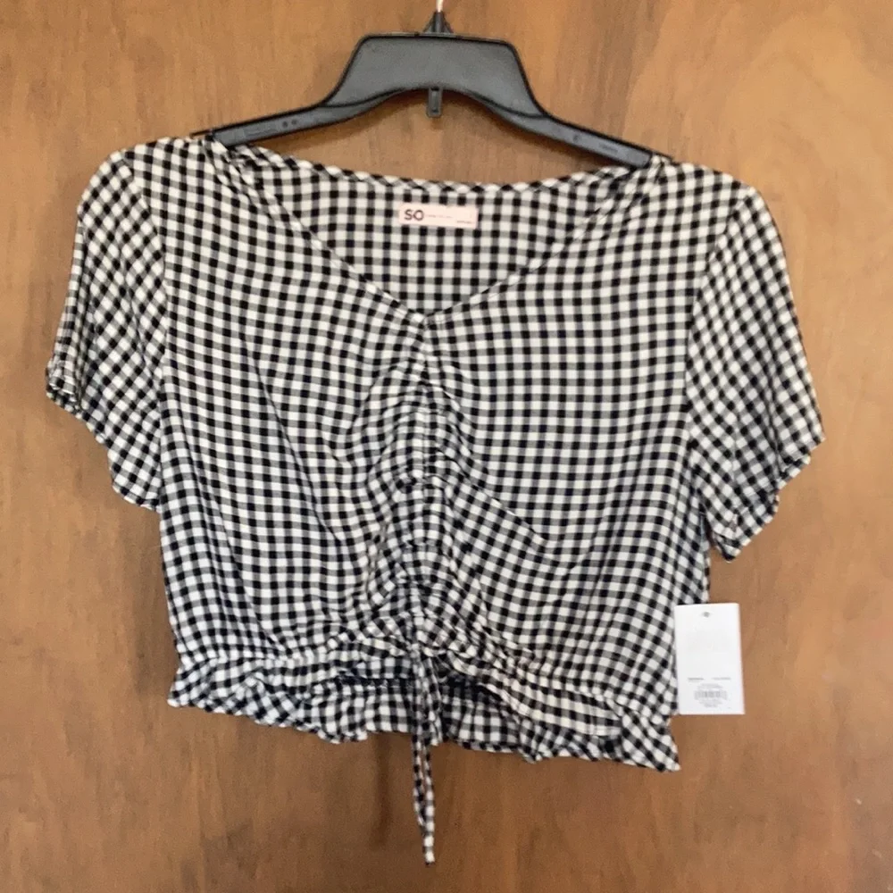 3/$24 SO boho casual top black white check short sleeve cinch front casual L jr - Picture 13 of 15